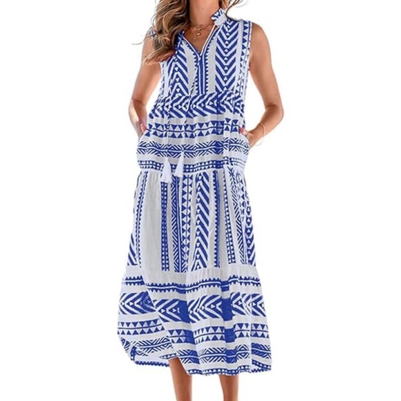 Japna Blue and White Geometric Dress - Picture 1 of 9